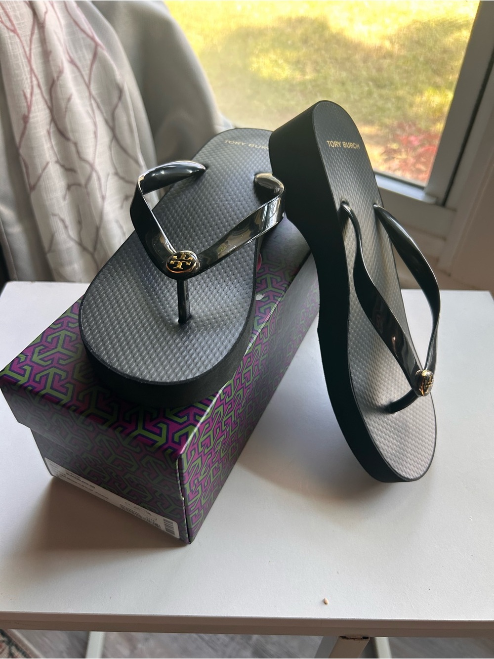 Tory Burch Black Platform Flip Flop Sandals with Gold Logo